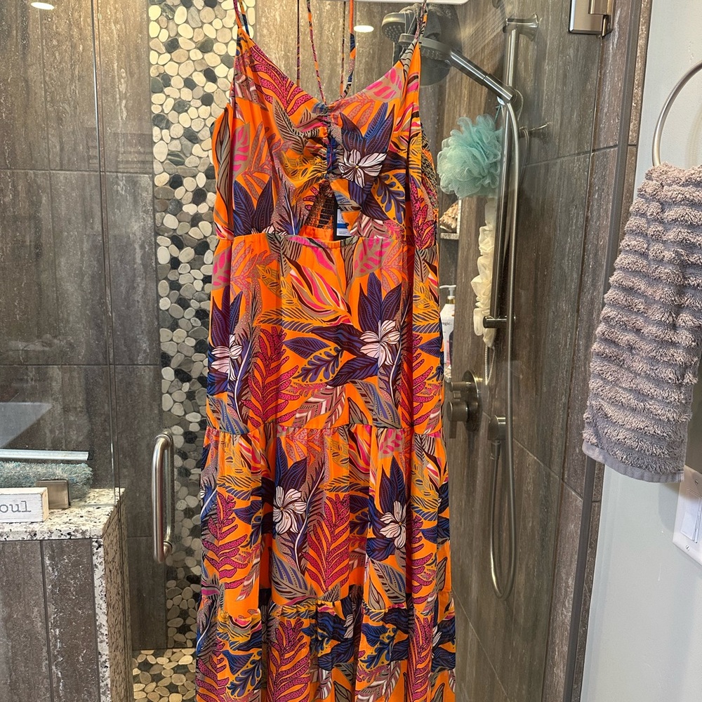 NWT Nine West Tropical-Sheer-Flowing vibrant orange dress